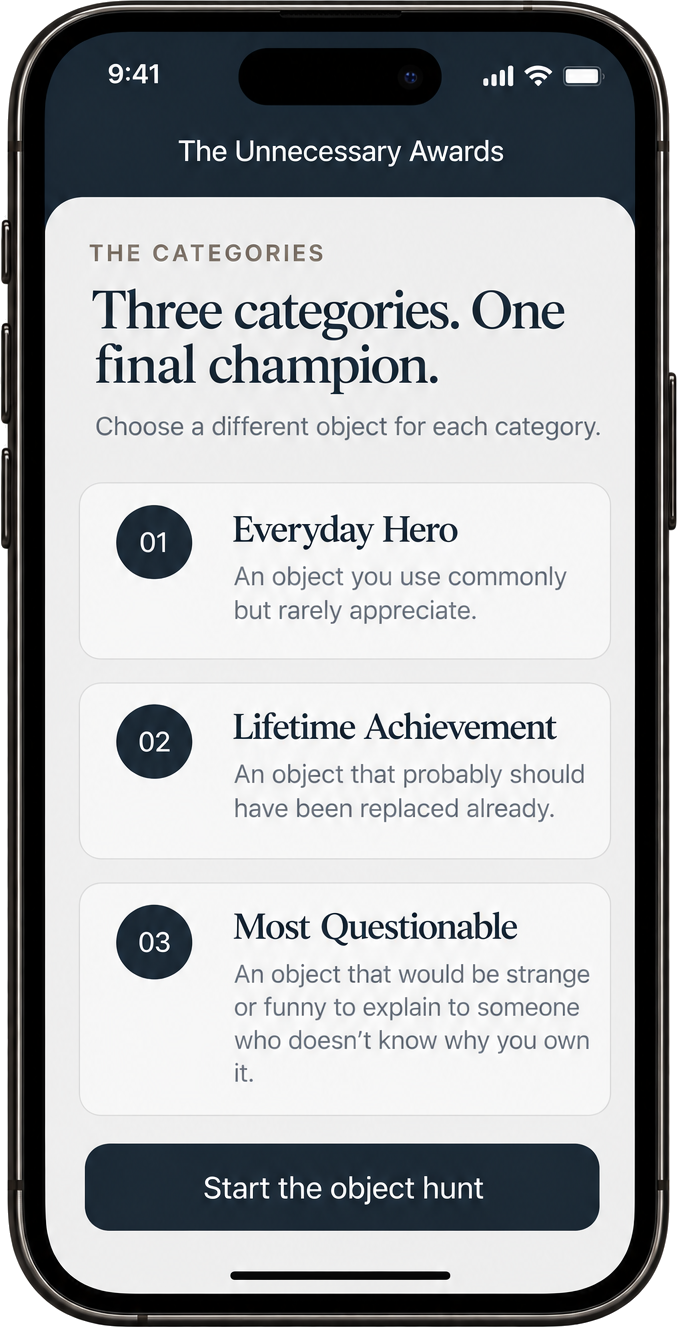 Preview of Unnecessary Awards on a phone, showing Everyday Hero, Lifetime Achievement, and Most Questionable categories and a Start the object hunt button